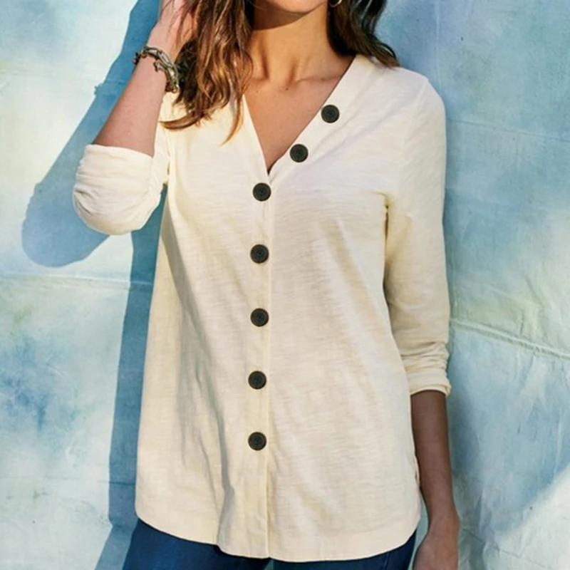 

Oversized Woman Tshirt 2020 New Autumn Casual V-Neck Button Tee Top Fashion Clothes Loose Long Sleeve Women Solid T Shirt