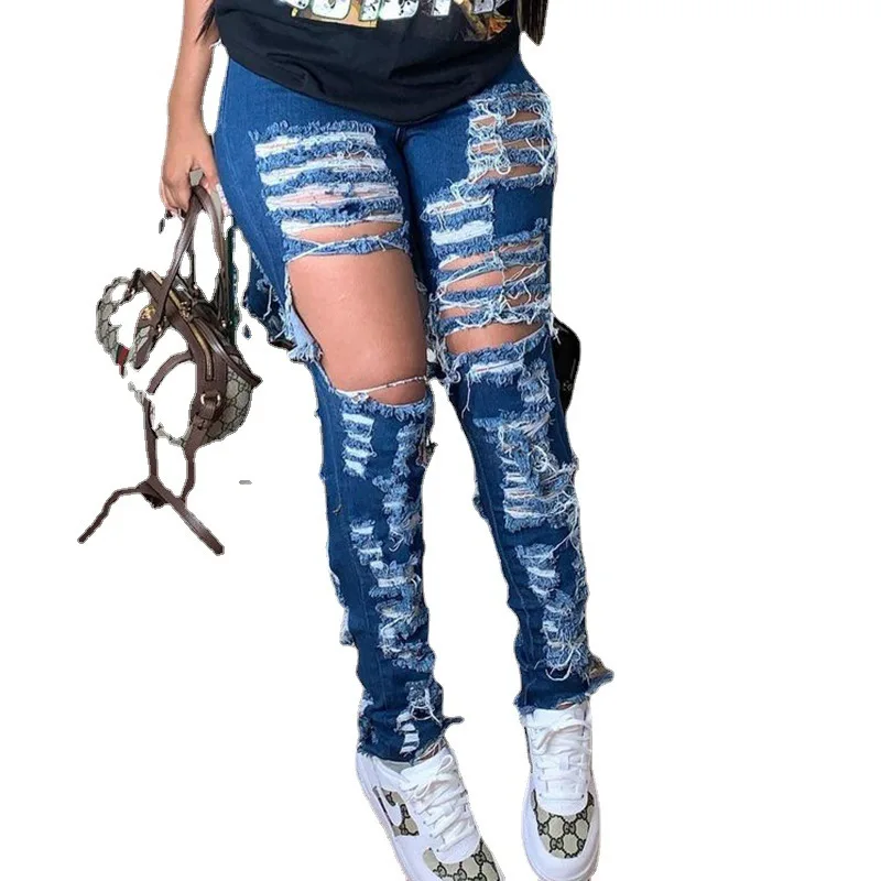 

Donsignet Women Jeans New Dark Blue Big Hole Jeans Women Pencil Pants Plus Size Fashion Streetwear Jeans for Women