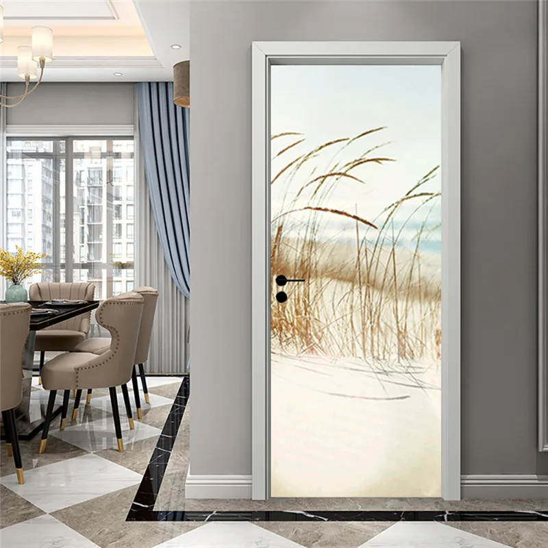 

PVC Door Stickers Nordic Seaside Reed Landscape Sticker Wallpapers Living Room Art Door Posters Self-Adhesive Mural Stickers