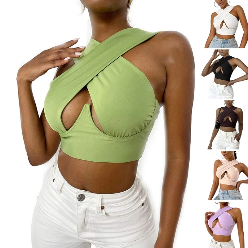 

Women Sexy Criss Cross Halter Tank Crop Top Ruched Bandage Cutout Front Corset Cami Vest Solid Color Casual Slim Bustier