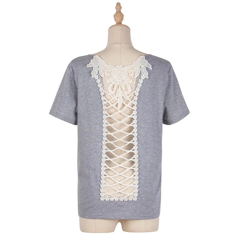 

2021 Spring New T Shirt Women Casual Back Hollow Out Short Sleeve Top Female Solid Color Summer T Shirt For Women Gray