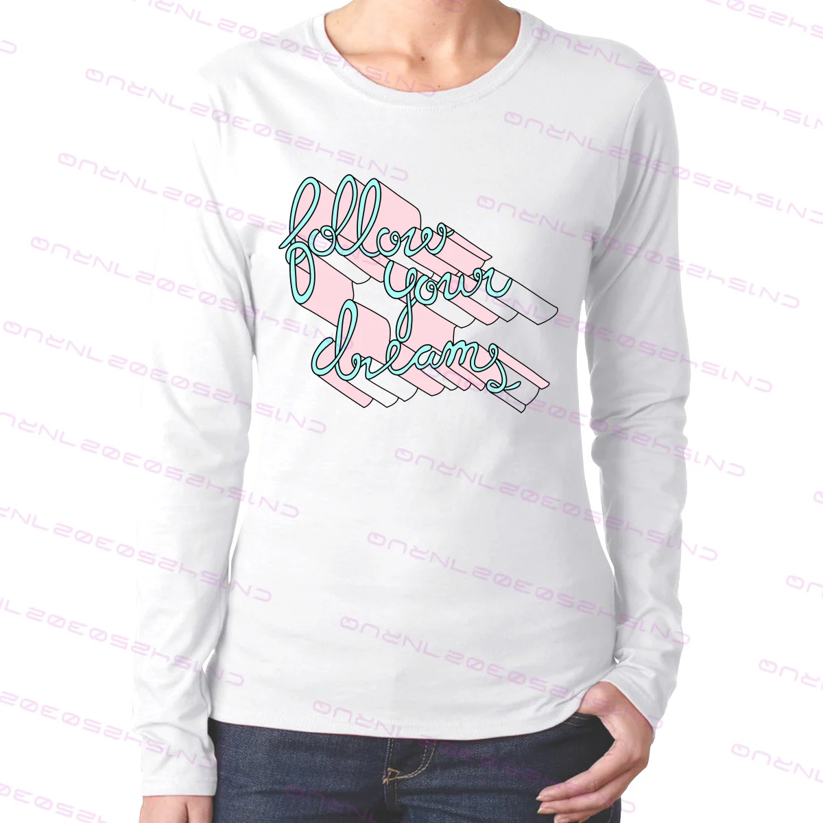 

100% cotton 3D Cartoon Typography Women's long-sleeve round collar T