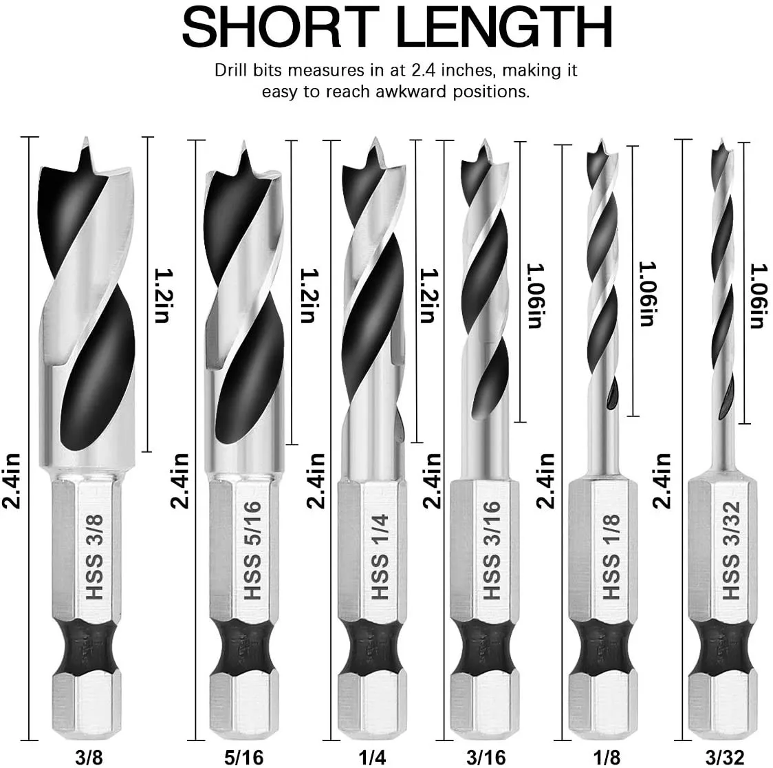 

6pcs HSS SAE Brad Point Stubby Drill Bit Set For Wood With 1/4-Inch Quick Change Hex Shank 3/32 1/8 3/16 1/4 5/16 3/8