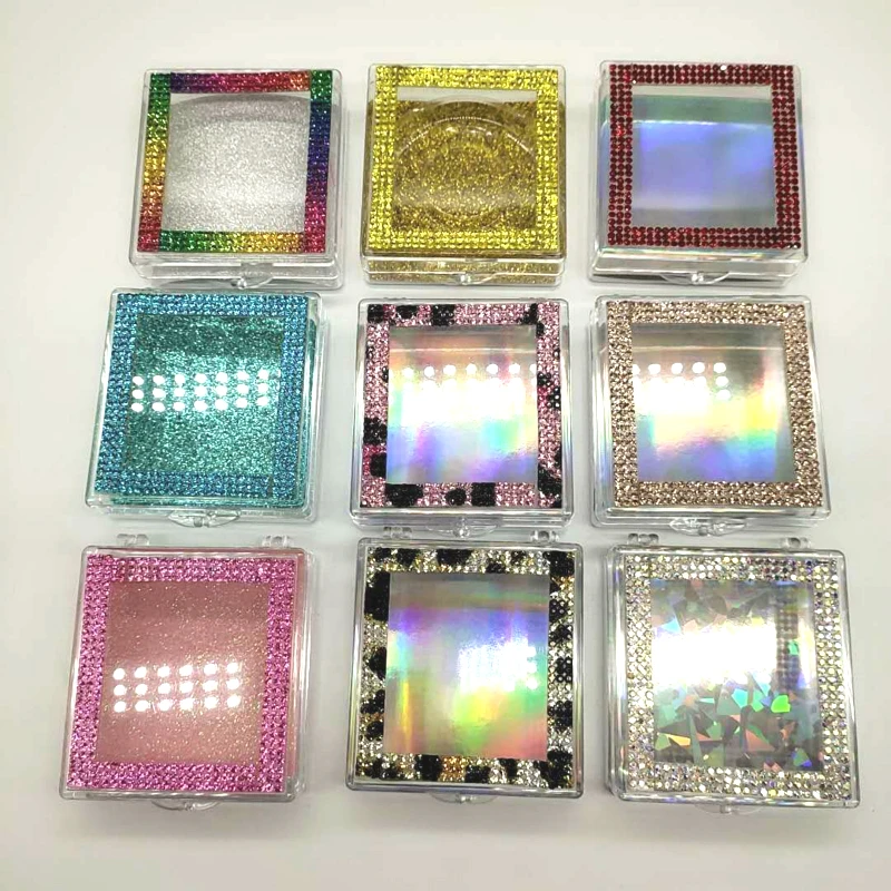 

Wholesale Plastic Bling Eyelash Boxes Packaging Diamond Glitter Square False Eyelashes Packaging Box Empty EyeLash Box Case