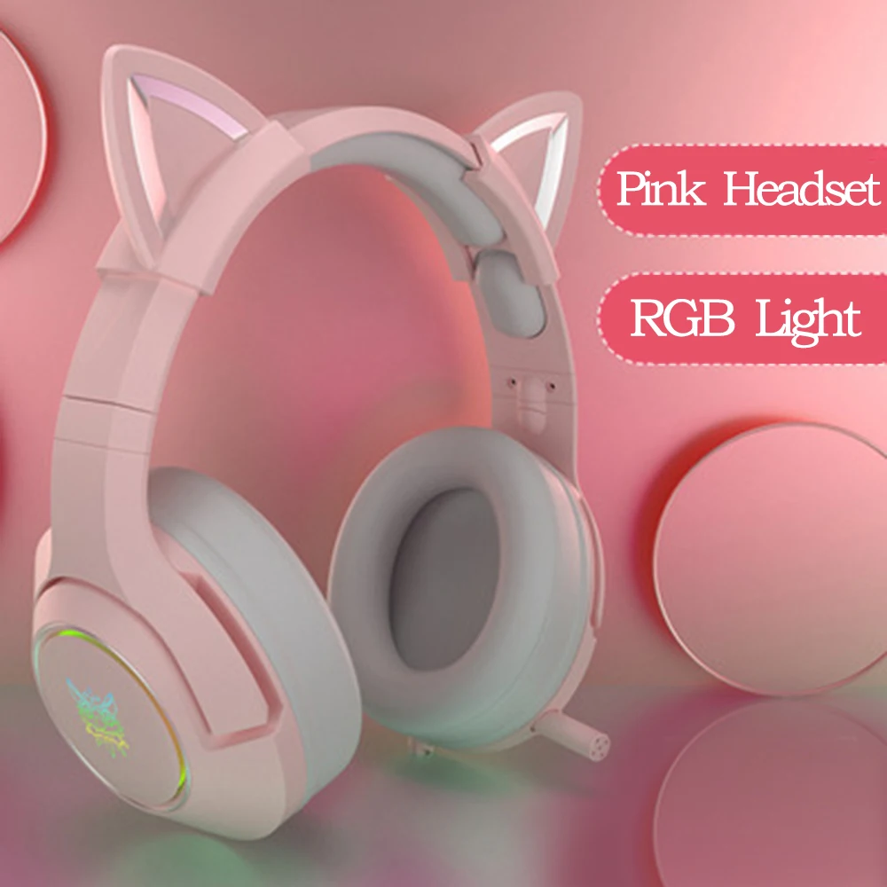 

Игровые стереонаушники RGB 7,1, розовая гарнитура со съемными кошачьими ушками, проводные USB наушники с микрофоном и шумоподавлением для PS4/Xbox ...