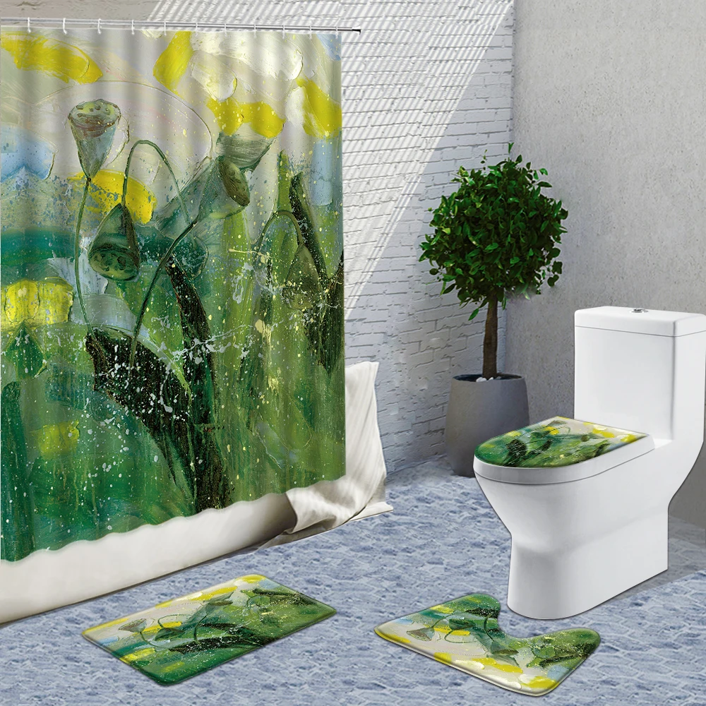 

Hand Painted Red Plant Flowers Shower Curtain Set 4pcs Bath Mats Rugs Bath Curtains Fabric Washable Hook Rings Bathroom Supplies