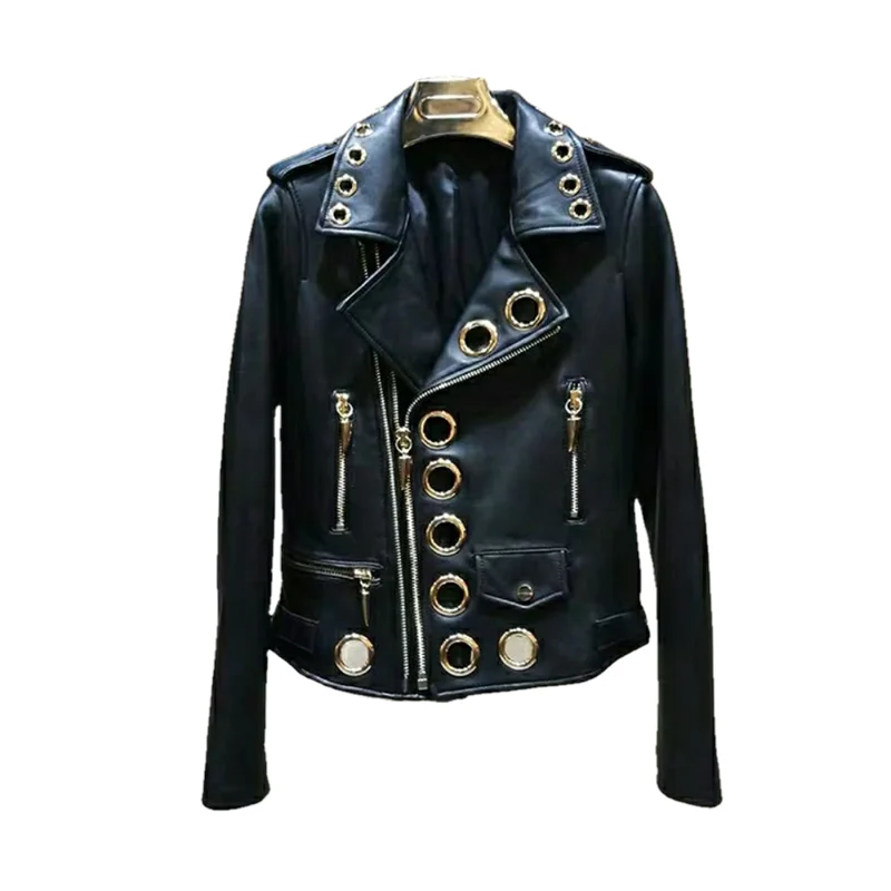 Punk Style Zipper Lapel Metal Hole Women Pu Leather Coat Short Style Long Sleeve Female Jacket Black