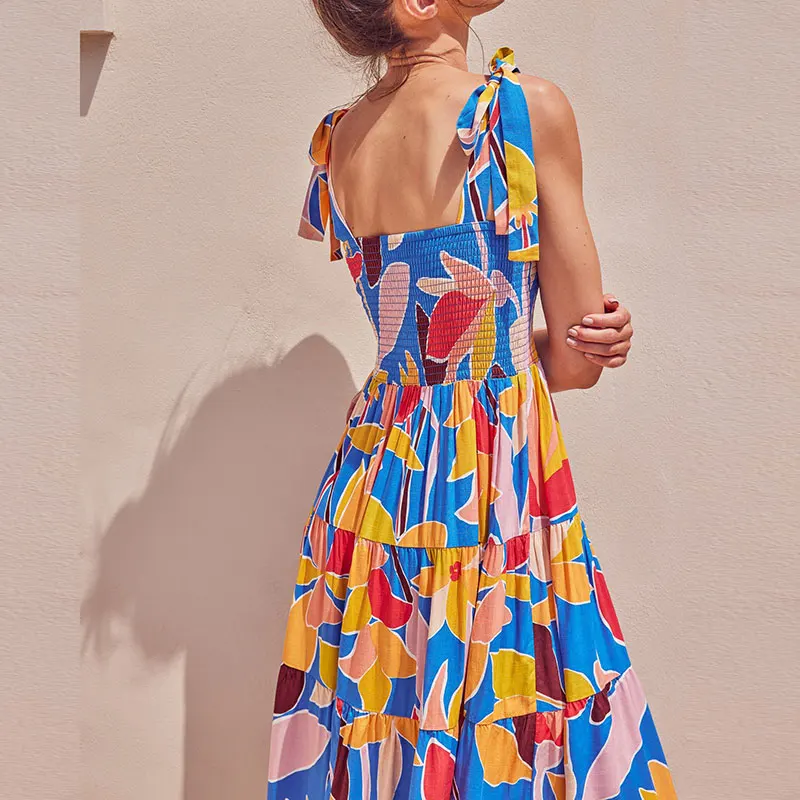 

Printed Maternity Skirt Bohemian New Spaghetti Strap Square Collar Draped Loose Elegant Comfortable Beach Holiday Long Dress