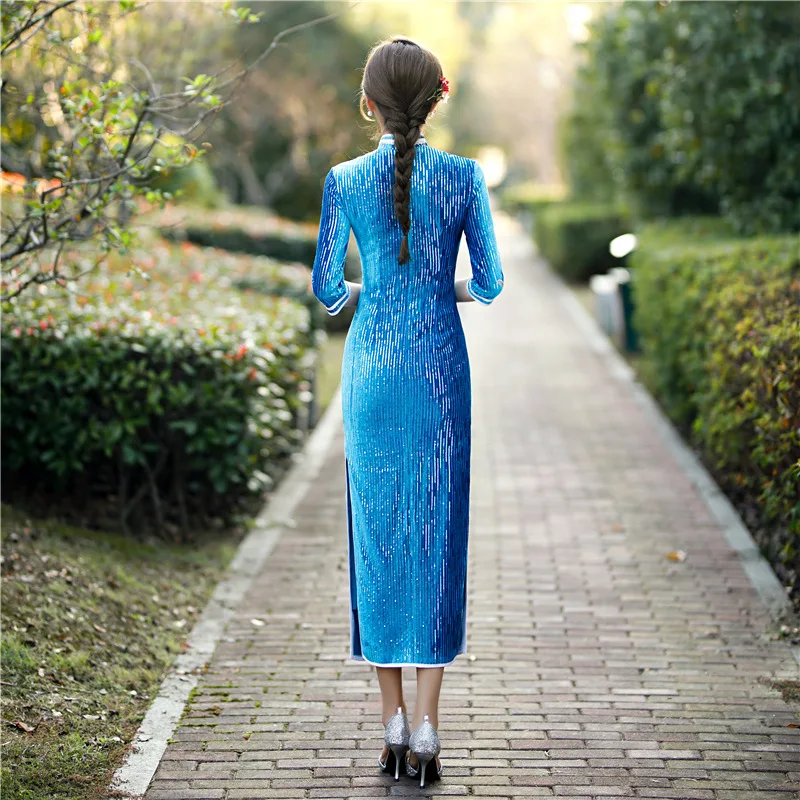 Синее бархатное платье-Ципао с блестками женское платье рукавом средней длины
