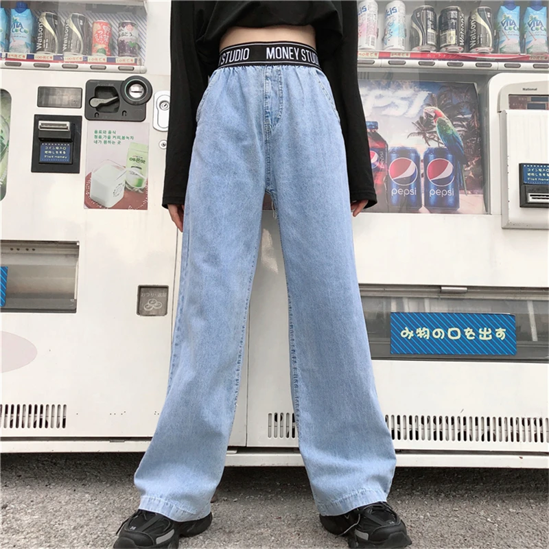Shellsuning Straight Jeans Women High Waist Elastic Band Autumn Harajuku New Loose Wide Leg Letter Streetwear Trousers | Женская одежда