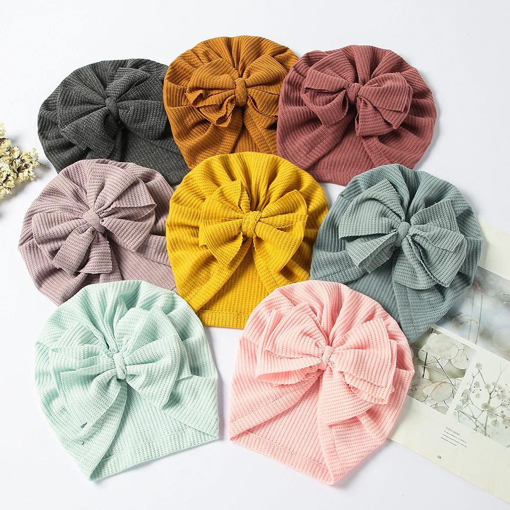 

22pc/lot New Infant Waffle Knit Knotbow Turban Hat Kids Girls Boys Beanie Caps Toddler Head wraps Hat Baby Ribbed Bows Headband