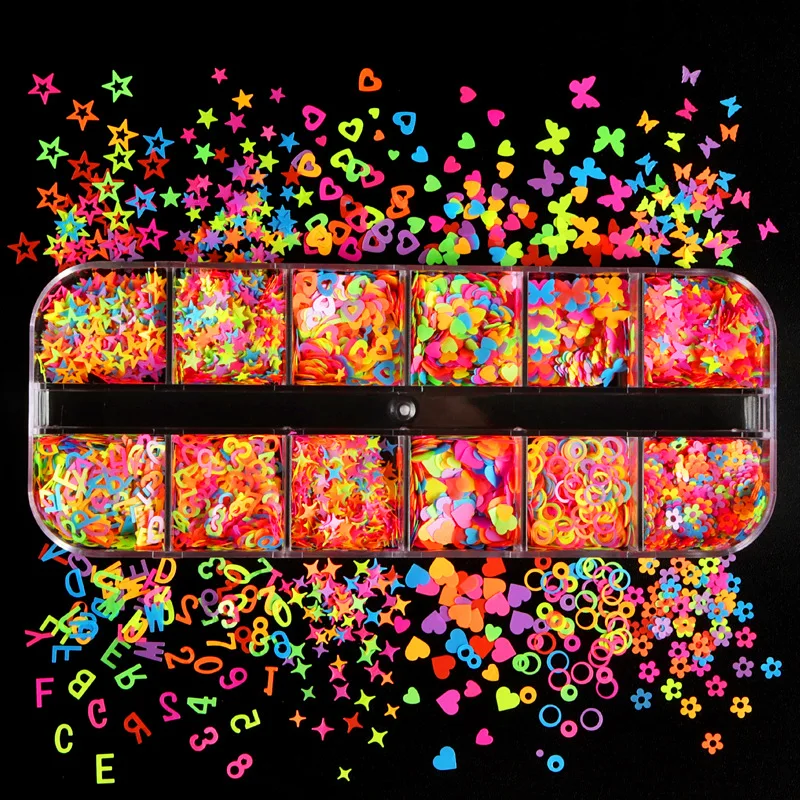 

12 Grids Box Nail Fluorescent Sequins Heart/ Star/ Butterfly/ Number Nail Decoration Mixed Shapes Ornaments Manicure DIY Flakes