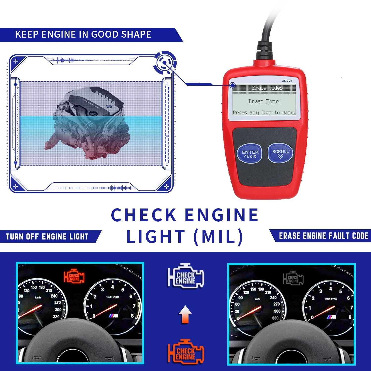 MS309 Универсальный O-B-D2 сканер автомобильной неисправности двигателя читатель