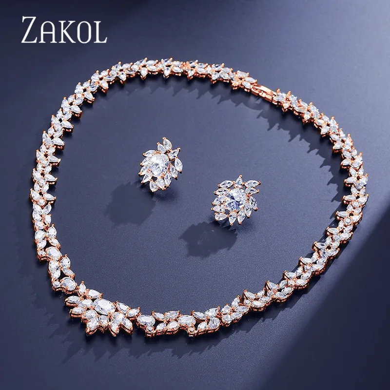 Rose Gold ZAKOL Роскошный Белый Цвет капли воды кластер AAA+ кубический цирконий Модный комплект ювелирных изделий для невесты свадебные украшения Drees FSSP156 - Окраска металла: Rose Gold