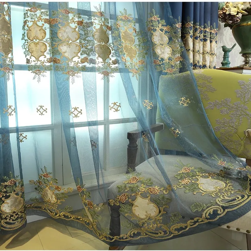 Европейская вышивка Синяя Высокая затемненная занавеска для спальни кухни