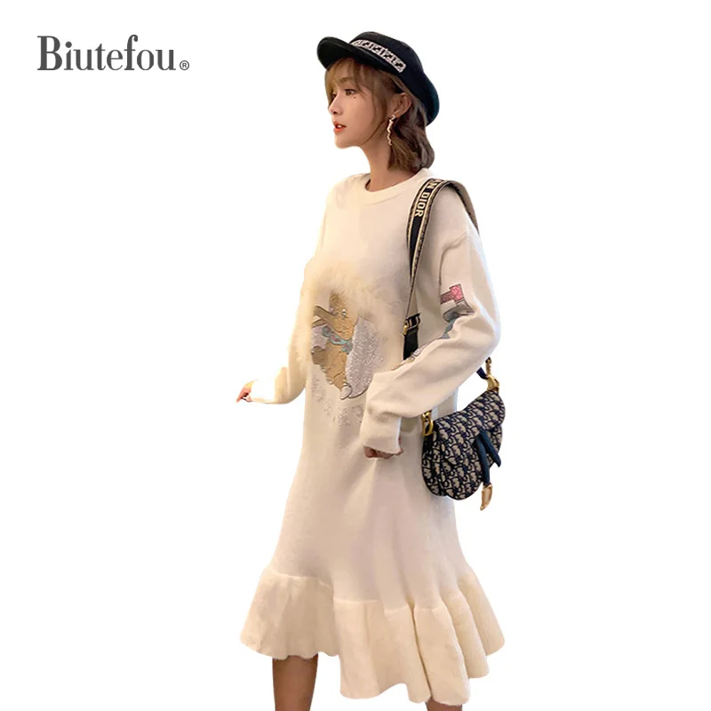 Вязаные платья для осени и зимы 2020 модные длинные женские с оборками