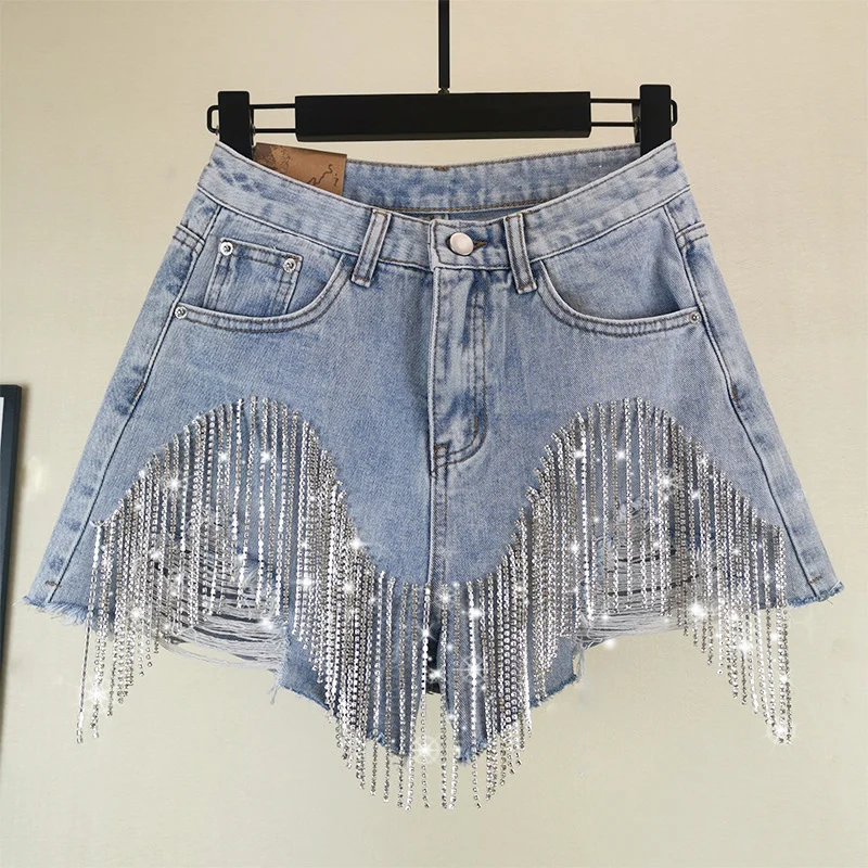 

2021 Summer New Arrival Rhinestone Tassels Holes Denim Shorts Women Fashion High Waist Wide Leg Hot Short Jeans