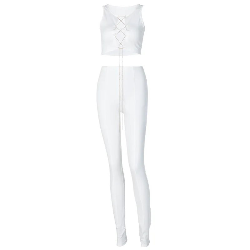 

Sexy Hollow Out Sleeveless Bandage Two Piece Set Crop Top Leggings Bodycon 2 Pieces Set Women Outfits Tracksuit