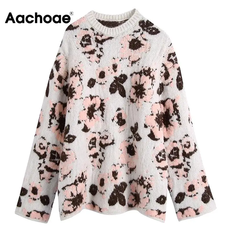 

Женский трикотажный свитер с цветочным принтом, круглым вырезом и длинным рукавом