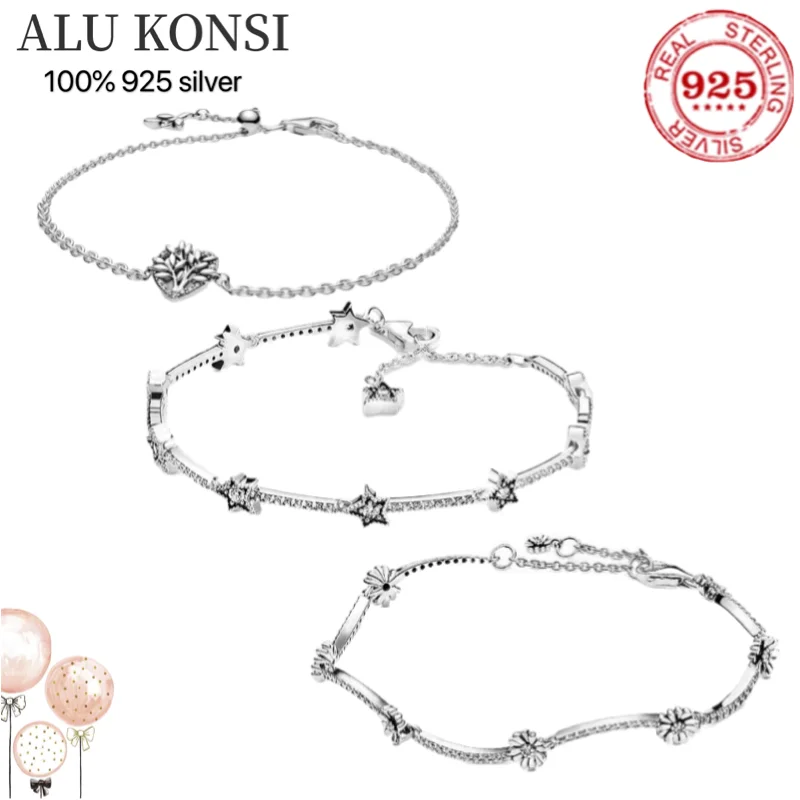 

Original Luxury Real 100% 925 Sterling Silver pan bracelet for Women Snake Chain Bangle Charm star tree shape Daisy DIY Jewelry