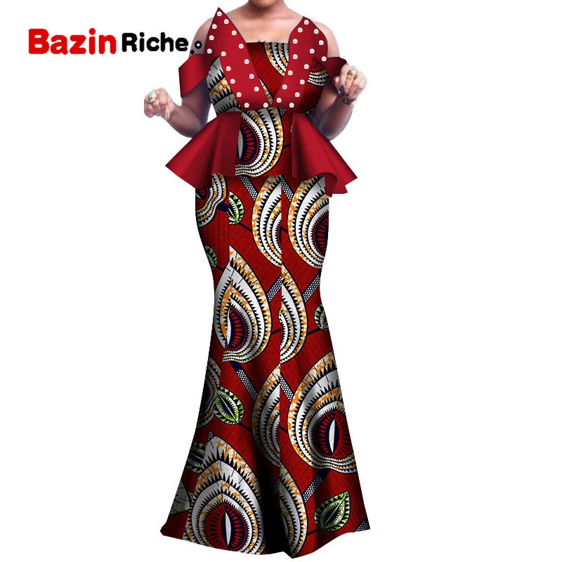 African Wax Print Two Piece Set 2021 Bazin Riche elegant African Traditional Clothing Dashiki Crop Top and Skirt Sets WY3800