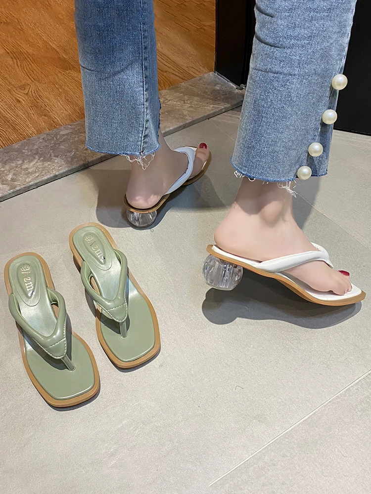 

Slippers Women Summer Med Square heel Rubber Flip Flops Shoes Luxury Slides Pantofle Block Hawaiian Designer Soft 2021 Fashion R