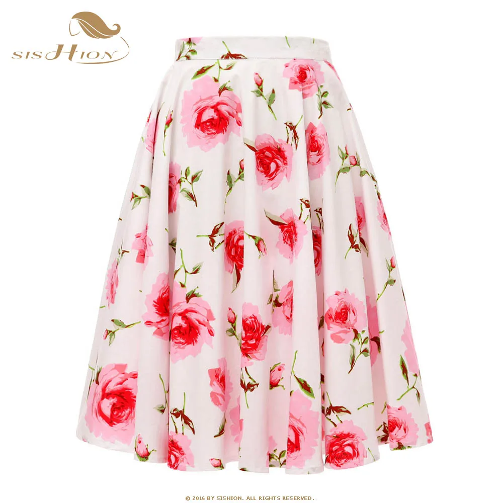 

SISHION 100% Cotton Summer Skirts Womens SP0677 White Rose Floral Print 50s 60s Vintage Swing Summer Skirt