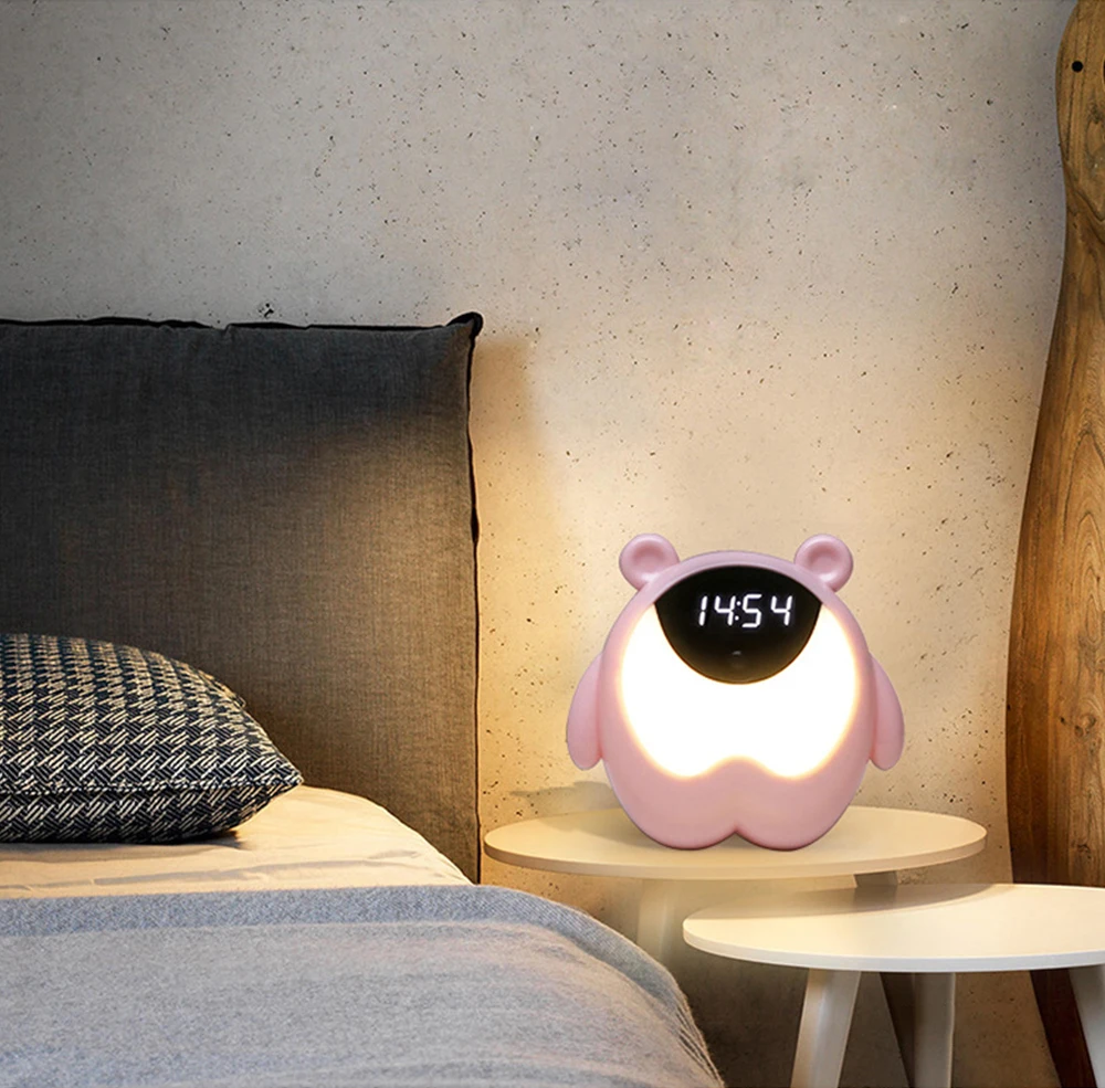 

Cute Bear Time Bedside Alarm Clock Night Light RGB Wake Up Motion Sensor Music Lamp for Kids Gifts Baby Children Bedroom Decor
