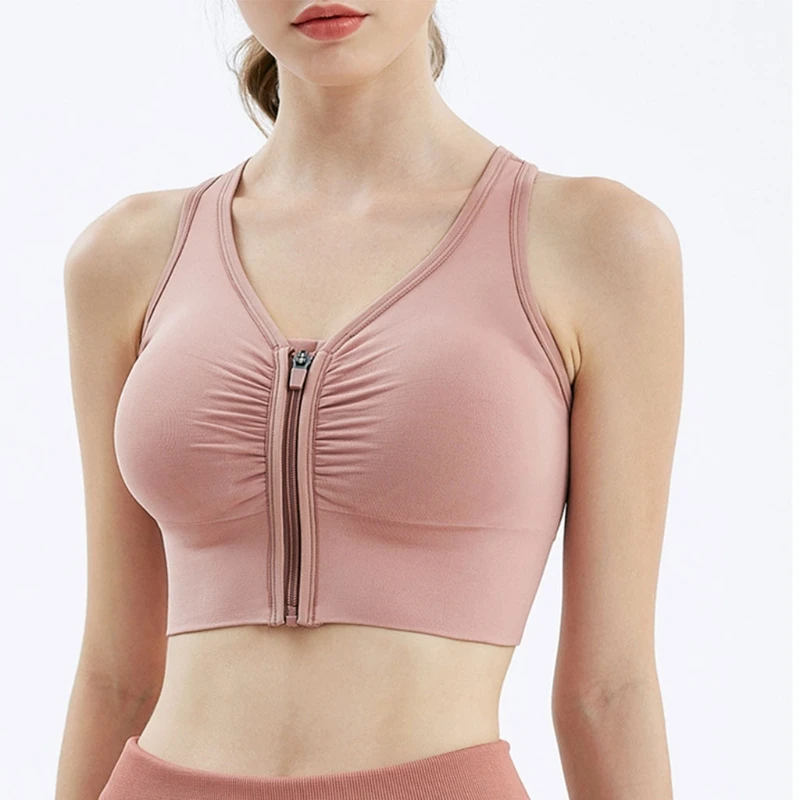 

Women Zip Front Push Up Sports Bra Cross Back Wide Strap Shockproof Fitness Bralette Workout Yoga Vest Gym Running Tank Crop