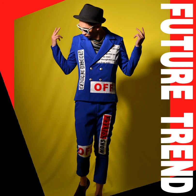 

DSDJ blue collage suit of male nightclub singer is of high quality for stage performance [large size]