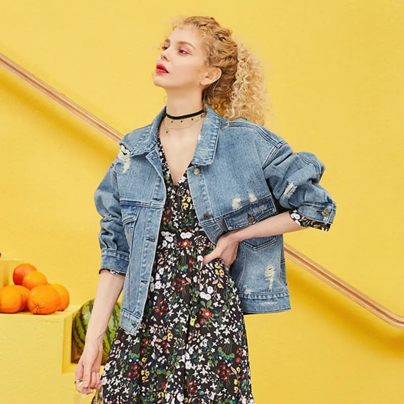 

Jean Coat Women Spring and Autumn New Coats Women Korean-Style Embroidered Hole Loose Cool Jacket Women