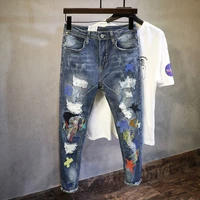 streetwear fashion men jeans elastic slim fit destroyed ripped jeans men embroidery patches designer hip hop denim punk pants