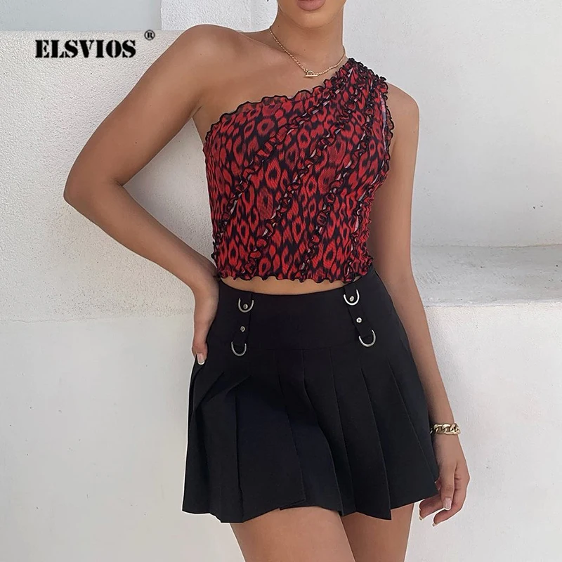 

Модные градиентные женские майки на одно плечо с принтом, летние ультракороткие тонкие майки с воротником-стойкой с оборками и ручной росписью