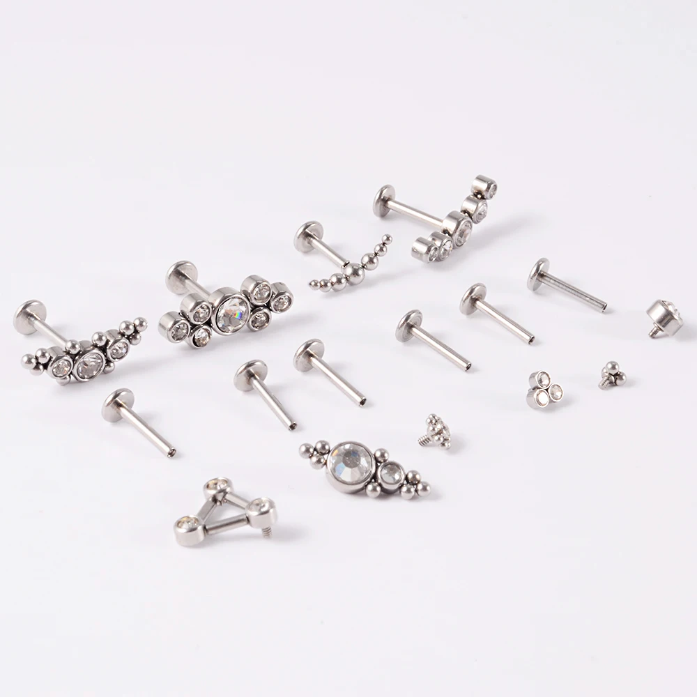 1PC G23 Titanium&Steel 16G CZ Gem Triangle Labret Lip Ring Crystal Cluster Ear Cartilage Tragus Helix Piercing Screw Fit Top 16g images - 6