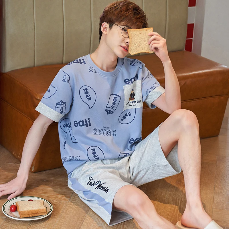 

Cotton Short Sleeve Pajamas Set For Men Korean Fashion Blue Cartoon Male Sleepwear Summer Cool Casual Plus Size Male Home Wear