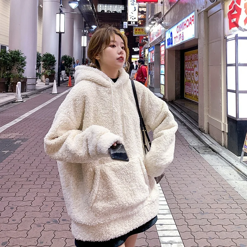 

Long Coat Women Solid Hooded Pullover Faux Lamb Fur Jacket Warm Thick Fashion Loose Plush Coat Winter Jacket Women Teddy Jacket