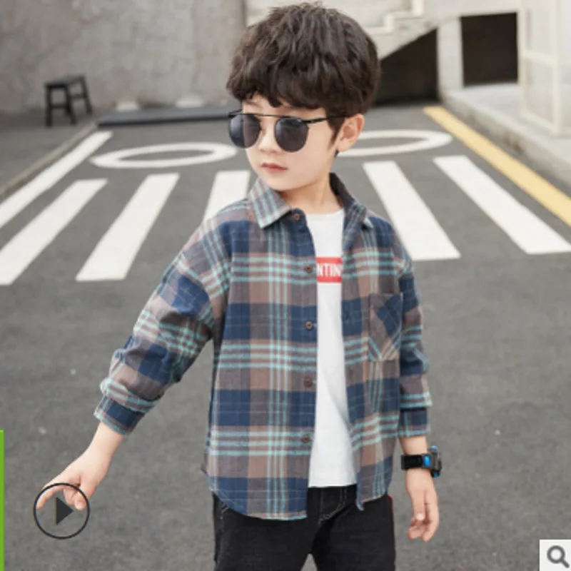 

Boys Fashion Sports Shirts New 2021 Spring/Autumn Children's Leisure Active Shirt Kids Long Sleeve Plaid 2 Colors Size4-14 ly075