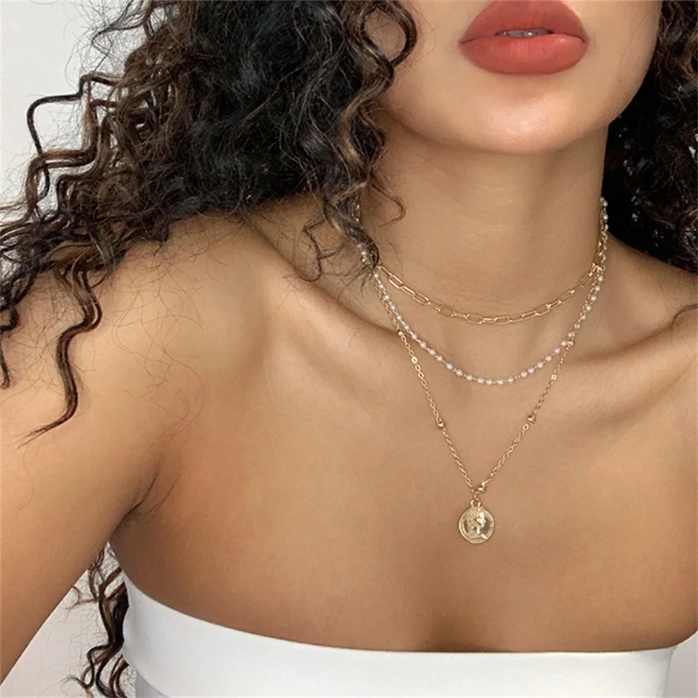 DAXI Fashion Multi-layered Snake Chain Necklace For Women Vintage Gold Coin Pearl Choker Sweater Party Jewelry Gift | Украшения и