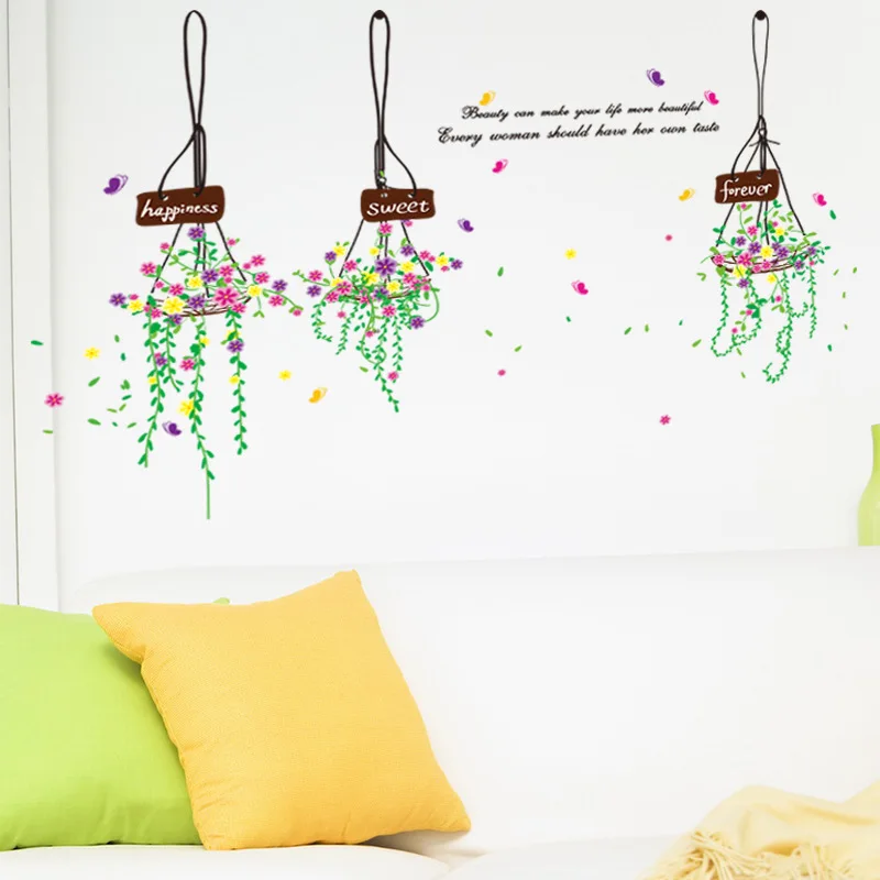 

Hanging Basket Flower Wall Stickers Pastoral Style Doors Windows Posters TV Background Wall Decoration Home Decoration Wall Art