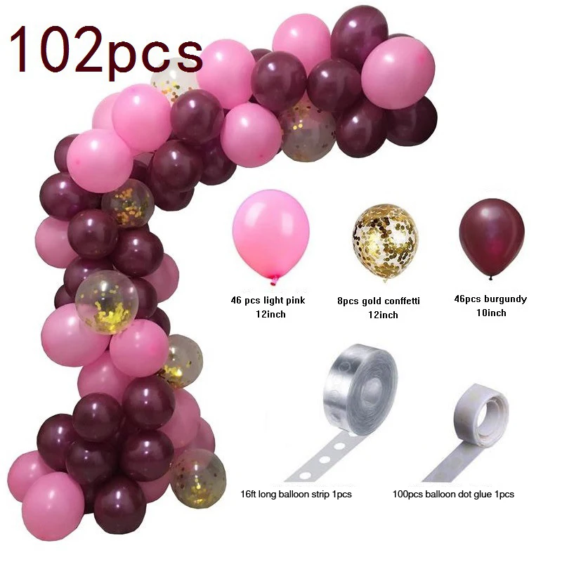 2Sets Wine red and Rose red Balloon chain,Pink theme Party Balloon garland set,Wedding Birthday Party Decoration