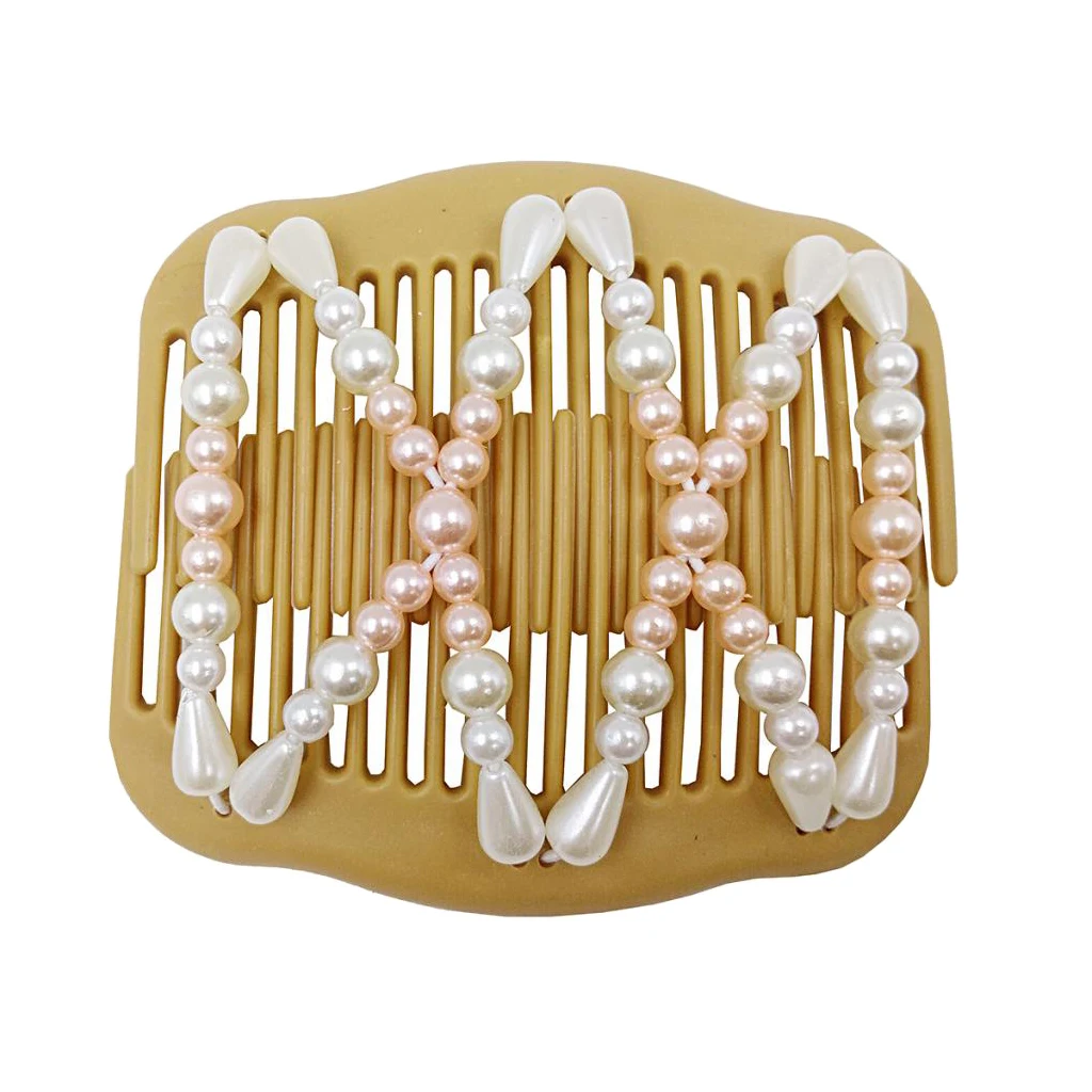 

Retro Double Hair Comb Clip Womens Elastic Pearls Beads Hairpin Updo Tools
