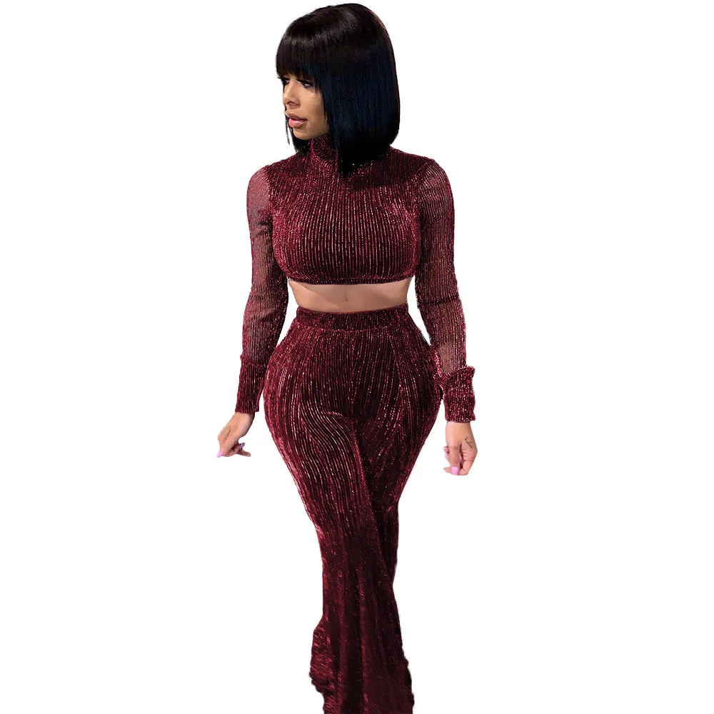 Зимний женский комплект водолазка с длинным рукавом сетчатый топ штаны костюмы