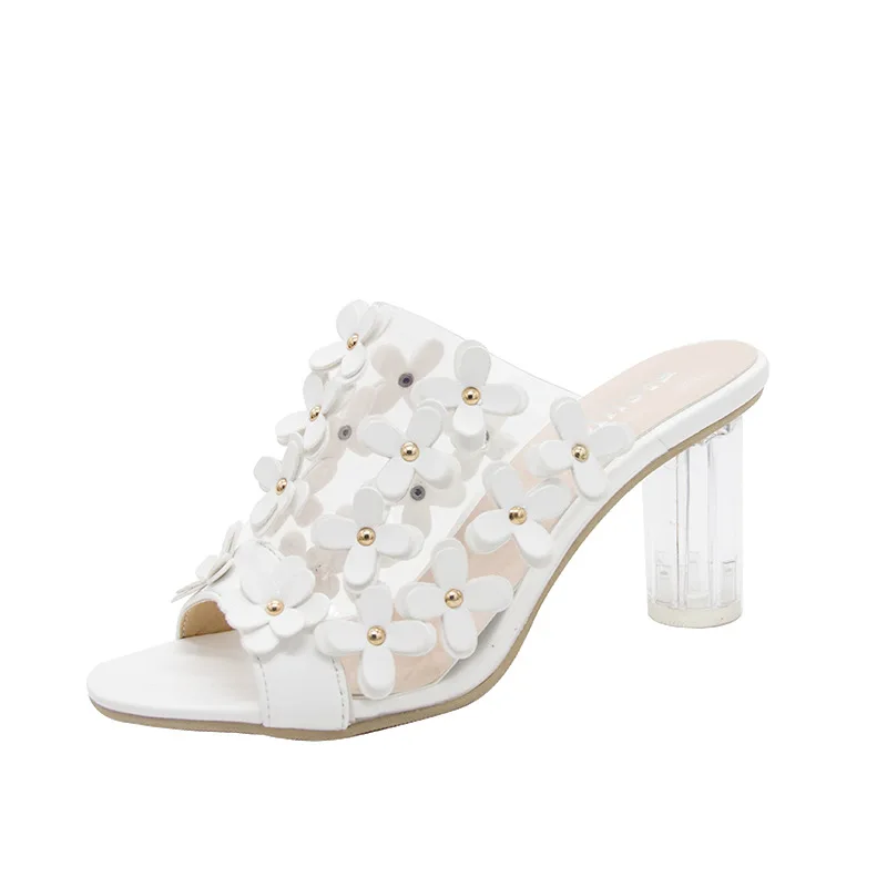 

2020 Fashion Women Sexy Transparent Fish Mouth Flowers Sweet Shoes Womens High Heel Slippers Female Chunky Heel Sandals