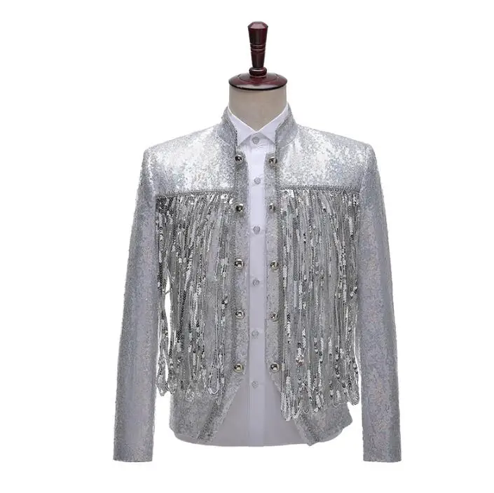 Tassel sequins blazer men suits designs jacket mens stage costumes for singers clothes star style dress masculino homme white