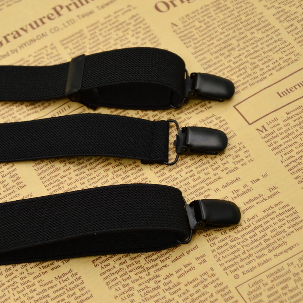 3 зажима подтяжки модные однотонные черные 120 см кожаные унисекс женские мужские