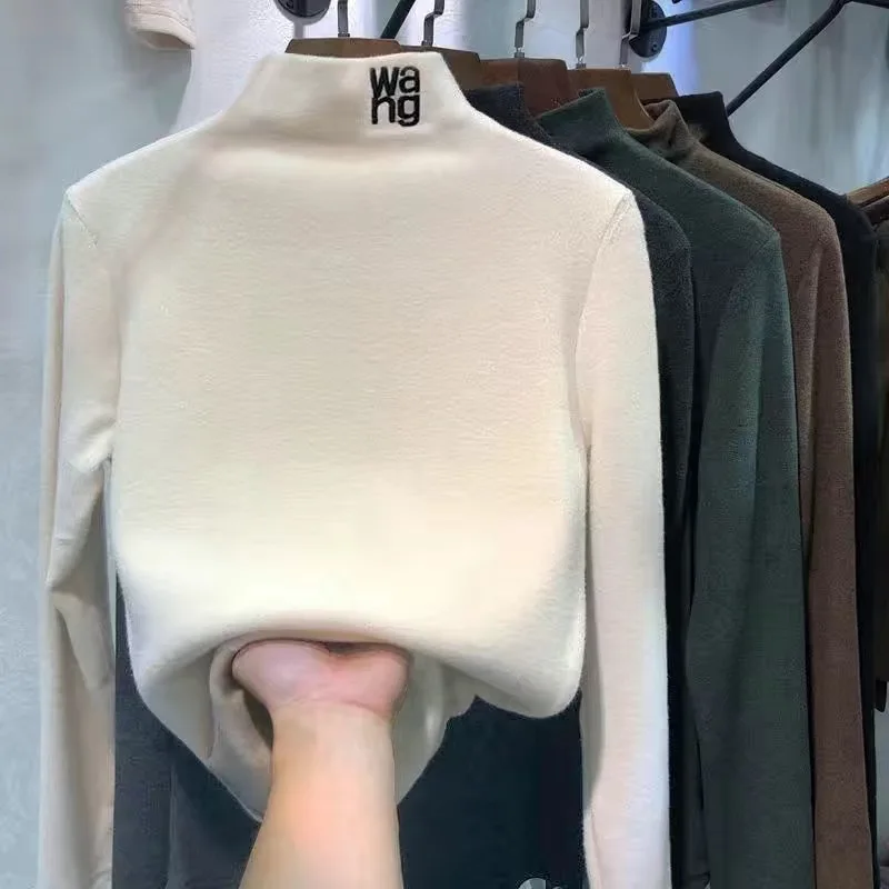 

Теплая футболка с высоким воротником, женская модная осенне-зимняя женская блузка с длинным рукавом, повседневные эластичные облегающие то...