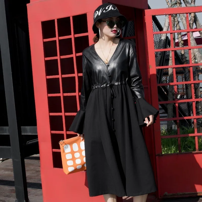 Женское платье из овечьей кожи короткая юбка с воротником и рукавом Флёр длинная