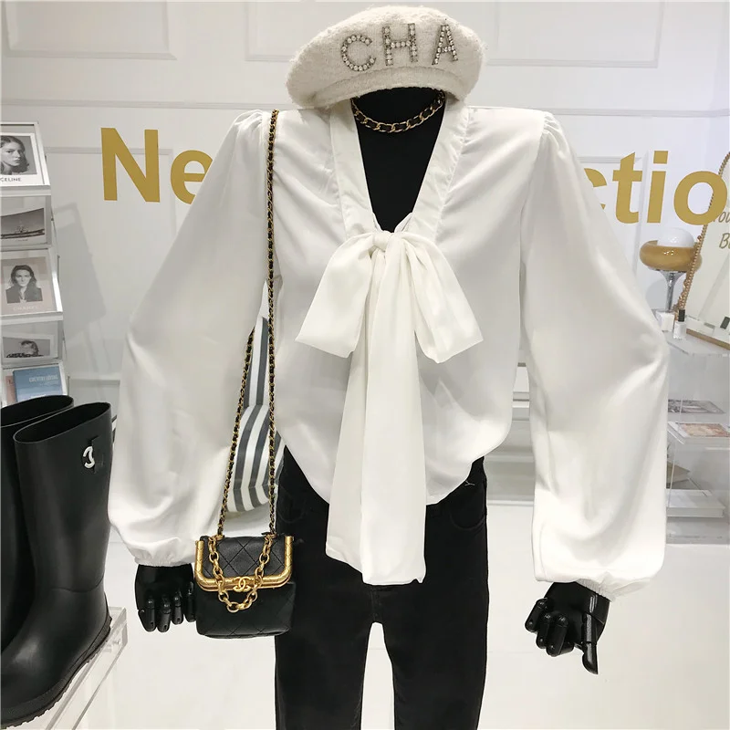 

Satin V-Neck Big Bow White Shirt Female 2021 Spring New Long Sleeve Blouse Female Temperament Loose Button Up Blusas Top Trendy