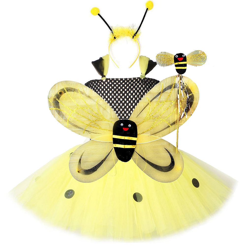 

1 Set Bee Girls Tutu Dress Yellow Black Honeybee Fairy Costume Dress Outfit Kids Girls Halloween Masquerade Party Fancy Dresses