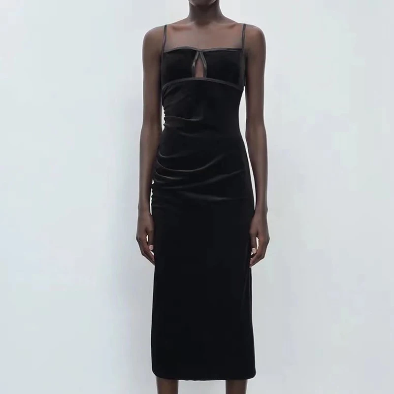 

2021 Summer Women Hollow Velvet Folds Suspender Skirt Vintage Sleeveless Square Collar Backless Slim Long Dress MSD2142